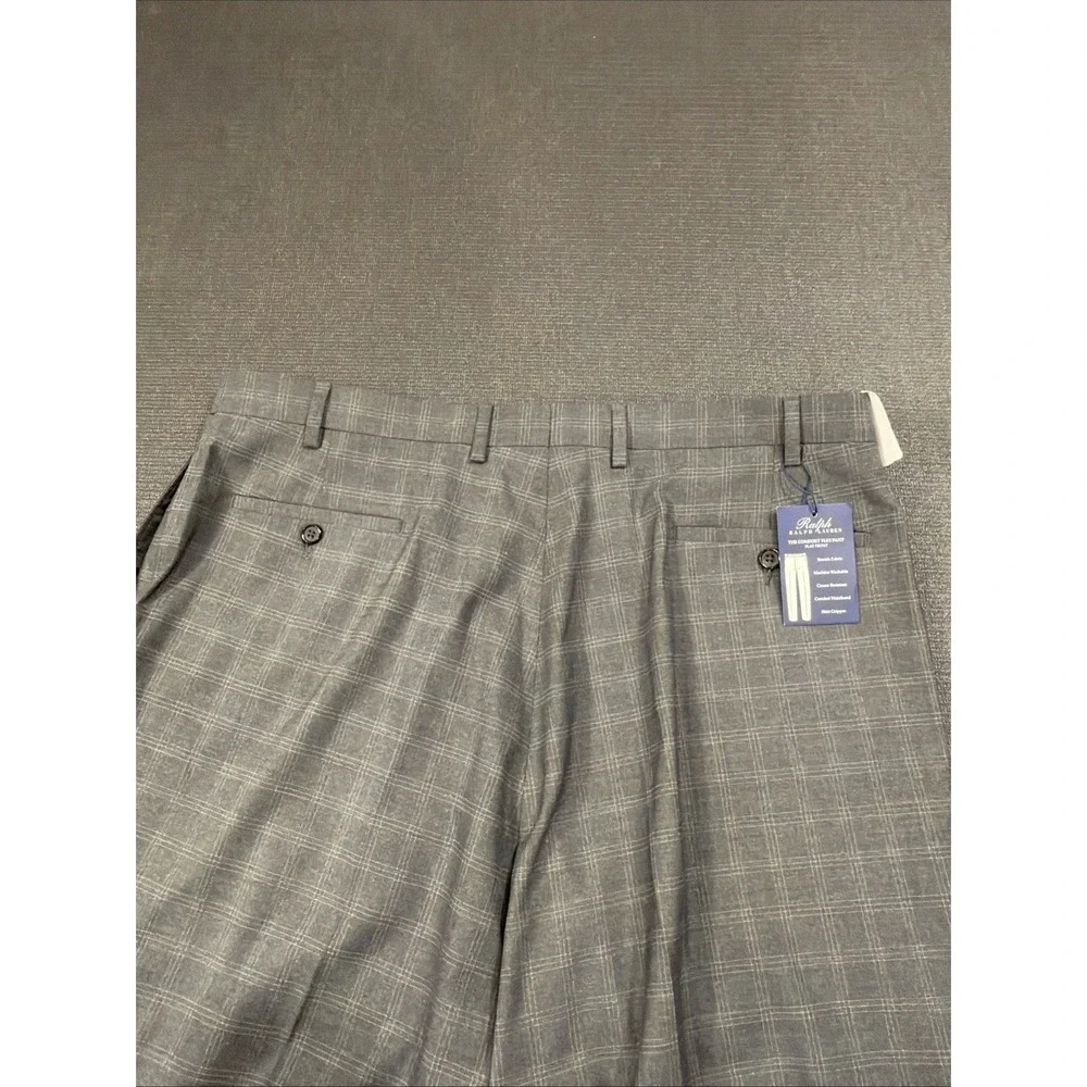 New Ralph Lauren Gray Plaid Comfort Flex Flat Front Dress Pants Men's Size 40x32